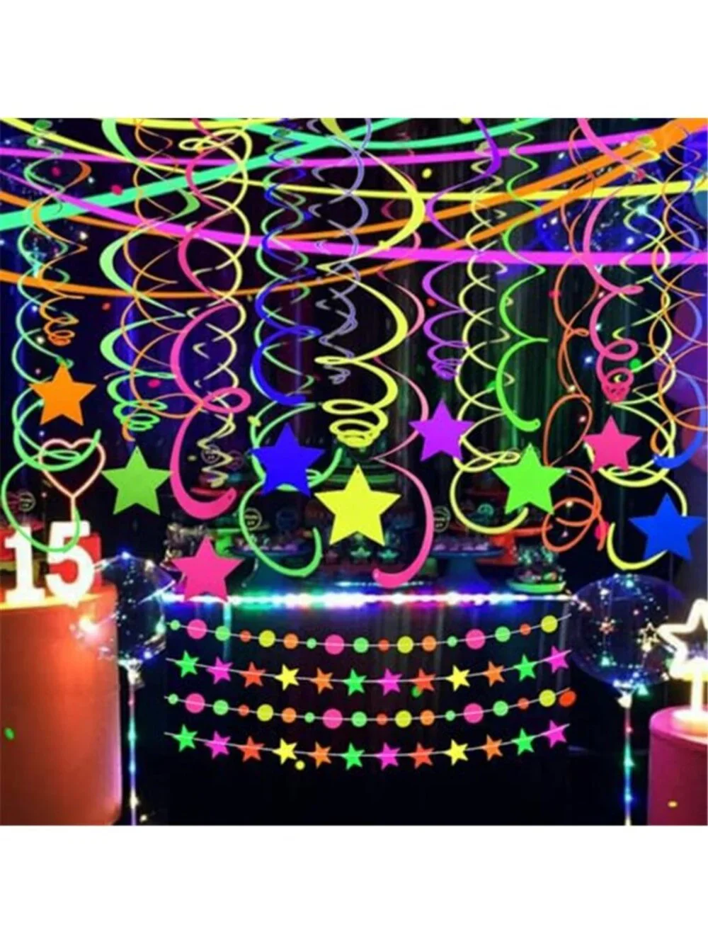 Neon Party Decorations UV Glow Hanging Swirls Streamers Blacklight Party